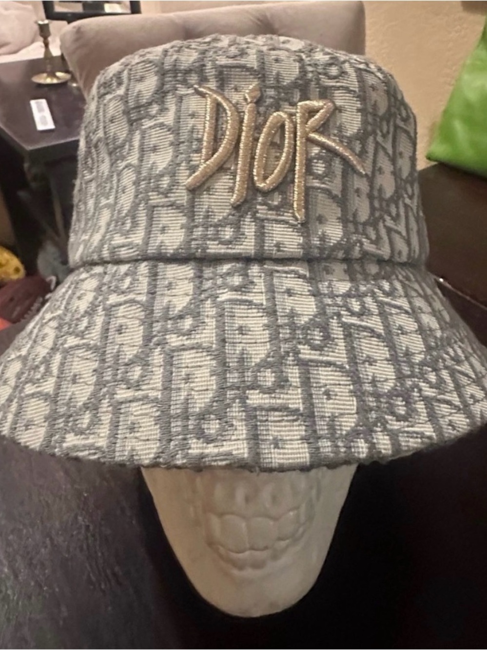 Dior Gray Monogram Bucket Hat with Gold Script Logo